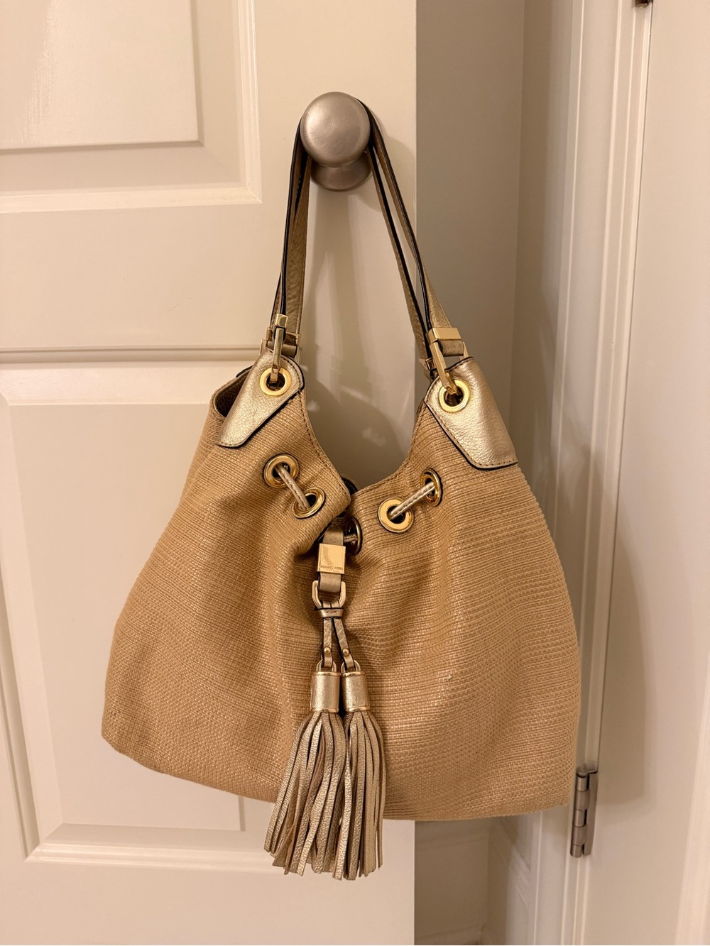 Michael Kors Gold-Tone Trim Tan Straw Shoulder Hobo